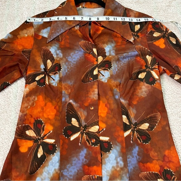 VNTG 70's Panhandle Slim Orange Blue Brown Butterfly Snap Front Shirt Size 14/36 - Picture 7 of 16